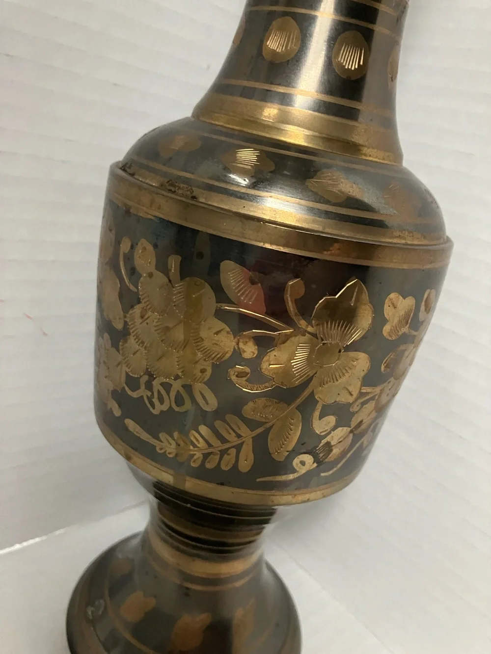 Vintage Brass and Black Floral Etched Vase Scalloped Top 13 Inch 1970’s Decor
